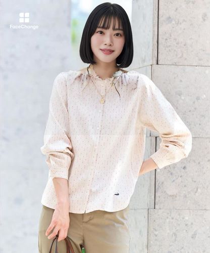 カネコイサオ　希少な綿ローンピコフリルブラウス　若草色　美品 レディース ドットドビー ショールカラー ブラウス通販 [0101-55123