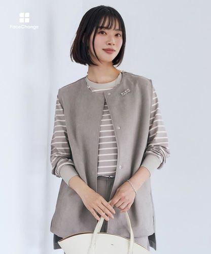 萌 アシンメトリーデザインジレ 洗える レーヨンナイロン グレージュ系 ゆったり レディース 微起毛 ノーカラー ジレ通販 [0202-65254] - クロコダイル