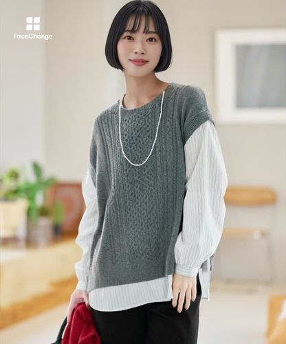 レディース ストライプ ドッキング ニット【手洗いOK】【オンライン