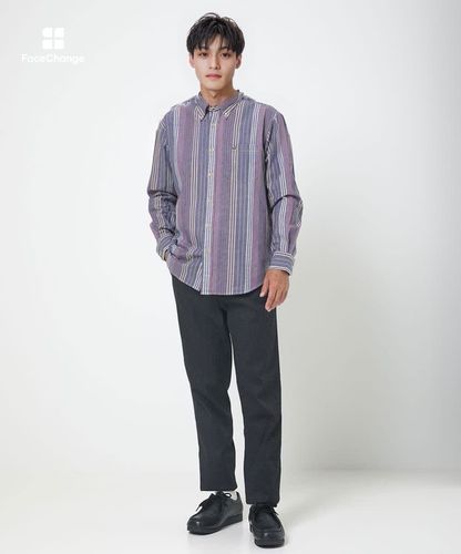 XL ストライプデザイン シャツ ベージュ・紫 メンズ ラッセル ストライプ柄 シャツ【シワになりにくい】【吸汗速乾