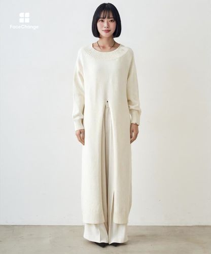 秋まで着られる/着映え》ハイスリットニットワンピース | LOUNGEDRESS