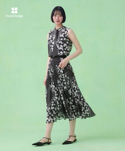 ドットパッチワークプリントプリーツ スカート〈セットアップ対応商品