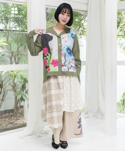 153649：ネコ花柄切替シャツの通販-ScoLar