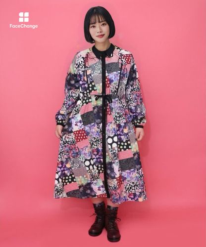 153676：パッチワーク風総柄ドロスト前開きワンピースの通販-ScoLar