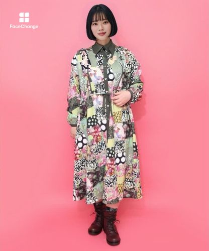 153676：パッチワーク風総柄ドロスト前開きワンピースの通販-ScoLar