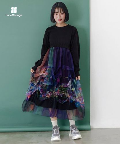 153678：2柄展開タック入りチュールバルーンワンピースの通販-ScoLar