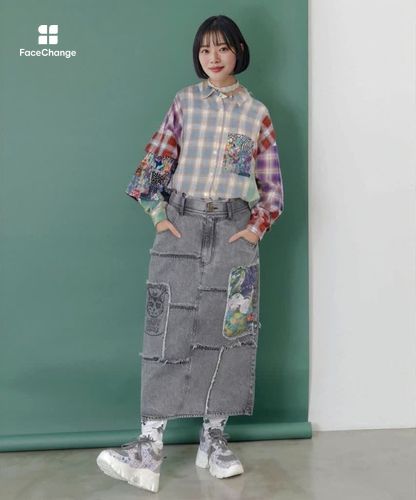 スカラー　scolar 153687：チェックと総柄のアシメパッチワークシャツ 153687：チェックと総柄のアシメパッチワークシャツの通販-ScoLar