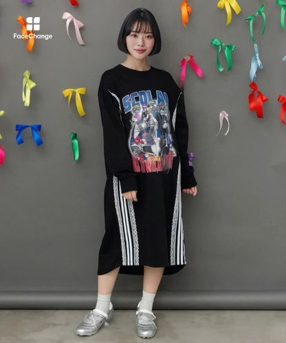 153783：レースライン×ロック柄ミニ裏毛ワンピースの通販-ScoLar