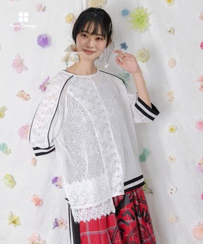 162619：メッシュ×花柄レース 異素材Tシャツの通販-ScoLar