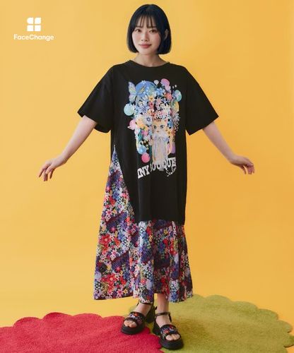 162670：レースリボン×花ネコプリント 花柄スリット切替ワンピースの