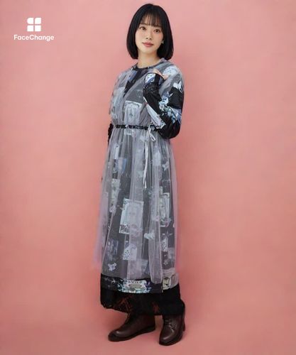 553208：現在と過去イメージプリント チュール重ねワンピースの通販-ScoLar