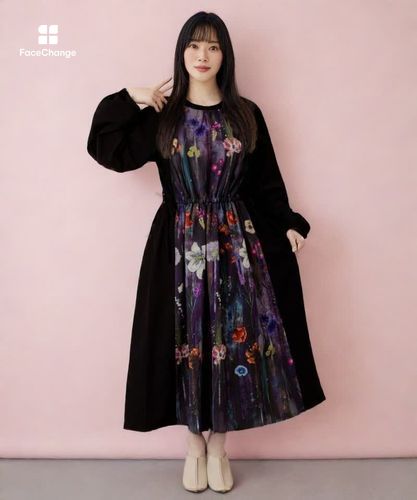 45rpm 花柄長袖ワンピース フリース調 切り替え 45rpm 花柄長袖