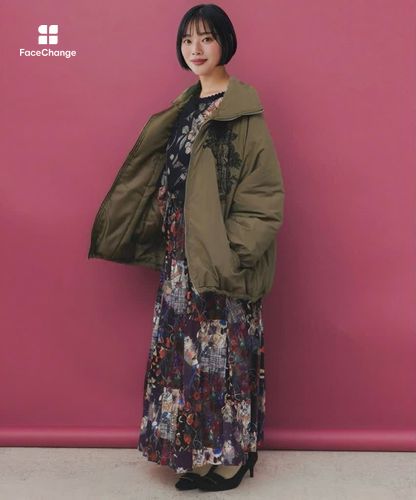 553272：ボア襟取り外し可能 花刺繍中綿ブルゾンの通販-ScoLar