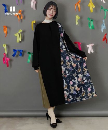 553289：アンティーク柄 バイカラー切替ワンピースの通販-ScoLar