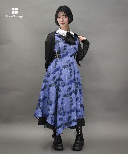 【アシンメトリー】新品　黒　パープルローズプリント　ワンピースｂ306 ナイトメアローズアシメワンピース【期間限定価格】 | NIBBLE POISON