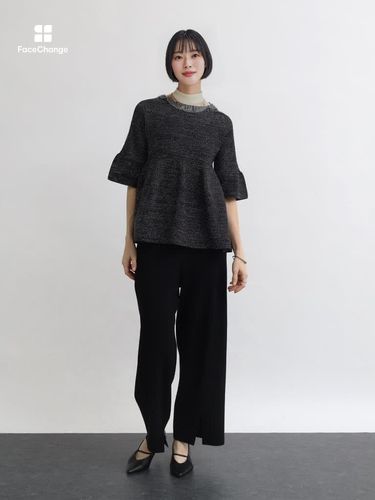 諏訪】ペプラムデザインラメニットトップス - Aga Black - Aga