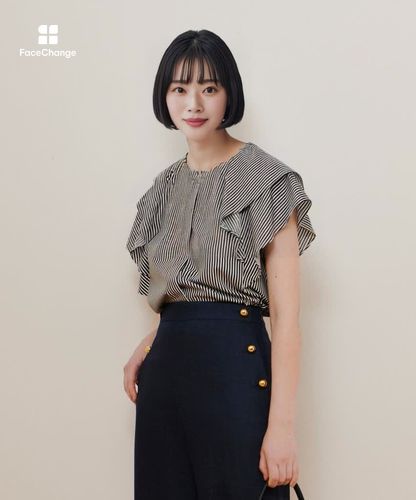 25モデル✨アルアバイル　ラッフルスリーブ ノーカラーブラウス ネイビー 2 レイヤーラッフルスリーブブラウス|allureville OFFICIAL SITE