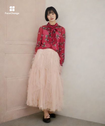美品　ルルウィルビー　ドローイング配色リボンブラウス　ピンク系 LOULOU WILLOUGHBY（ルルウィルビー） ブラウス シャツ 「LOULOU