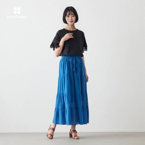 腰回りすっきり見え！インド綿ティアードスカート【裏地付き】(花笑む