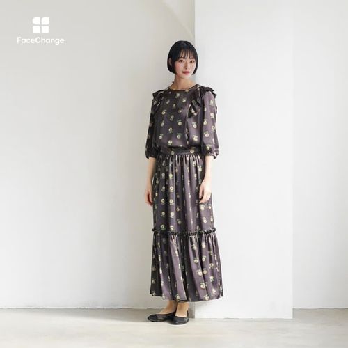 洗える｜ひまわり柄プリントのギャザースカート M・ブラック×イエロー