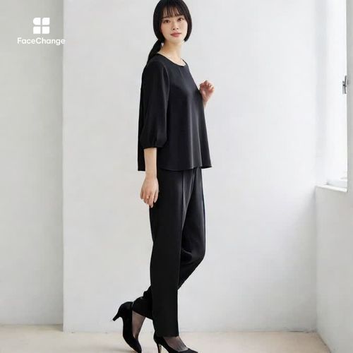 ブラウス付ノーカラージャケットのパンツスーツ 9号・ブラック｜東京