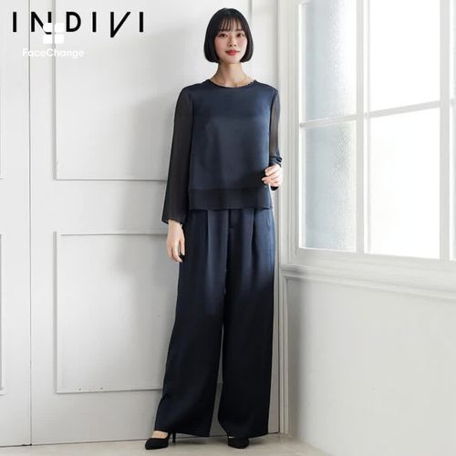 さらっとサテンのワイドパンツ 9号・ネイビー｜東京ソワール