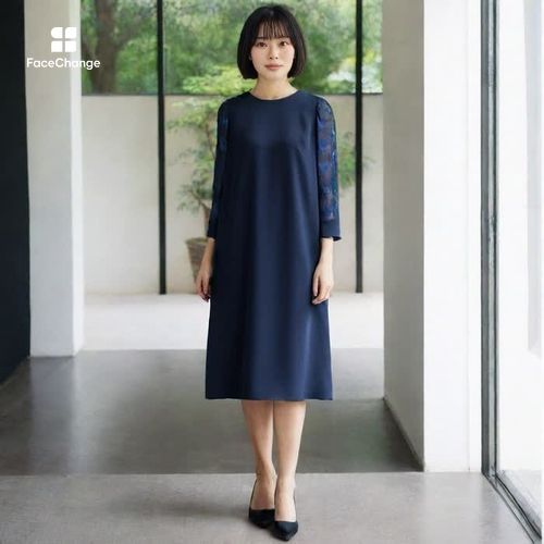 上品なフラワー刺繍のネイビードレス 9号・ネイビー｜東京ソワール