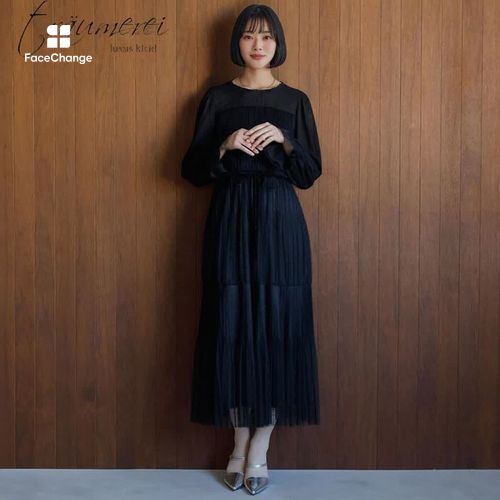 WEB限定｜ドットチュールプリーツドレス 11号・ブラック｜東京