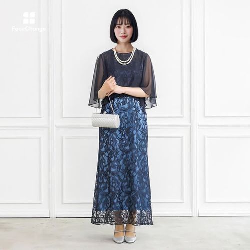 シフォンケープ付きラッセルレースのロングドレス 13号・ブラック