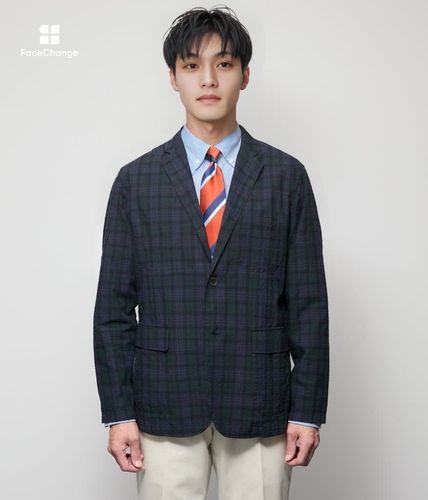 ウォッシャブル】ブラックウォッチサッカー カミーチャジャケット