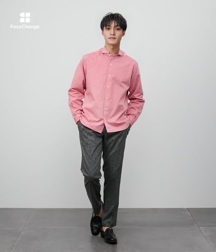 コットンリネンストライプ 長袖カッタウェイカラーシャツ(11765710