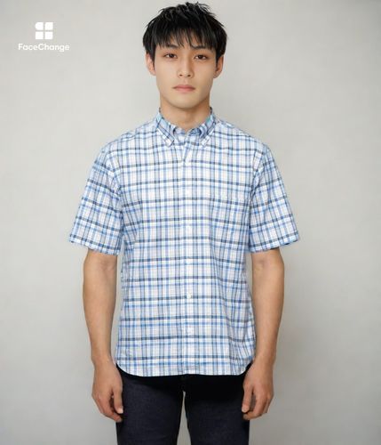 ミックスブルーチェック 半袖ショートボタンダウンシャツ(11772746