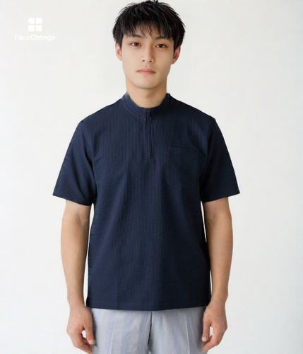 吸水速乾・防シワ】FLEXY ギンガムサッカー ハーフジップ スタンド