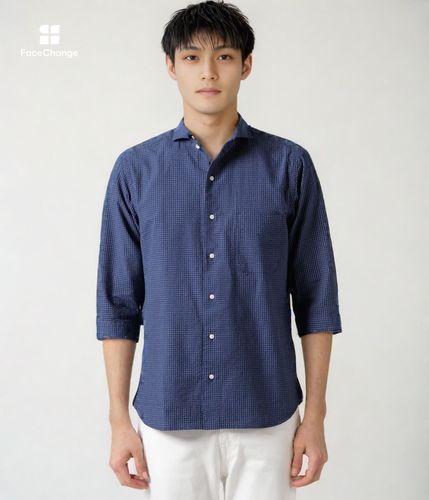 ストレッチ】サッカー グラフチェック 七分袖カッタウェイカラーシャツ