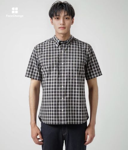 ワッシャー タータンチェック 半袖ショートボタンダウンシャツ