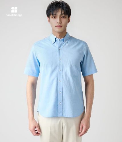 美品 ハイク シャンブレー ボタンダウンシャツ 1 ブルー コットンラミー シャンブレー 半袖ショートボタンダウンシャツ