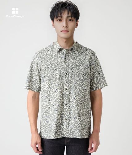 サッカーフラワープリント 半袖ショートポイントカラースクエアシャツ