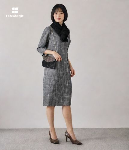 チャンキーツィード 7分袖Aラインワンピース(26426503-2025