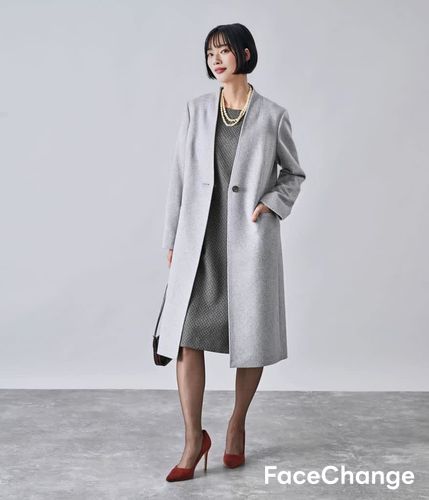 カシミヤ混ビーバー ノーカラーVネックコート(26516301-2025