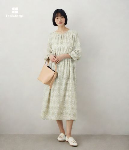 ミモザプリント ドロスト7分袖ワンピース(51445221-2025