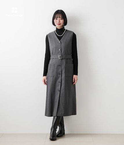 ジャンバースカート ストレッチ】デニム調メランジストライプ Vネックジャンパースカート