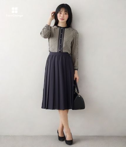 チェックパネルプリント 8分袖ノーカラーブラウス(51643154-2024