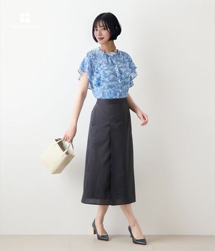 【美品】M fil タイカラーブラウス　リーフプリント　モノトーン　38 M・fil(エムフィル)｜【予約販売】シルキーWクロス バイカラーブラウス