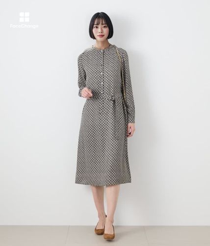 【K】AMERI★ワンピース L】アーキテクスチャーモチーフプリント スタンドカラ―ワンピース