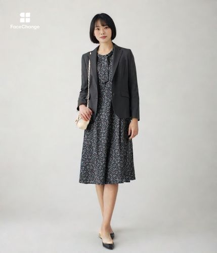 モザイクプリント ボウタイ7分袖ワンピース(71445417-2025