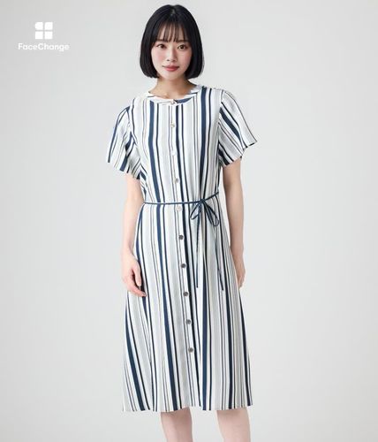 ランダムストライプ 前開き半袖ワンピース(71455006-2025