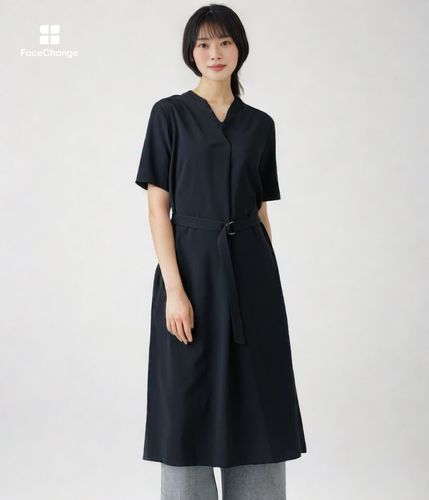 石川 FABRICS 半袖ひざ丈ワンピース ネイビー タイムセール パイピングドロストTシャツワンピース （ミニ丈・ひざ丈ワンピース