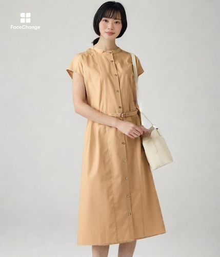 ウォッシャブル】TCシャンブレー フレンチスリーブシャツワンピース