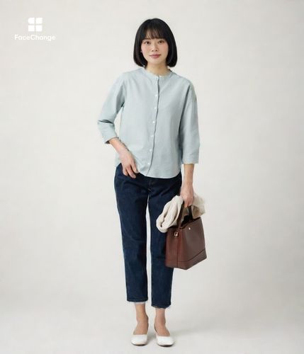 ギンガムサッカースキッパーカラー7分袖シャツ(71643801-2024