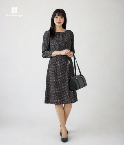 L】ジオメトリックプリント 7分袖ワンピース(79445412-2025